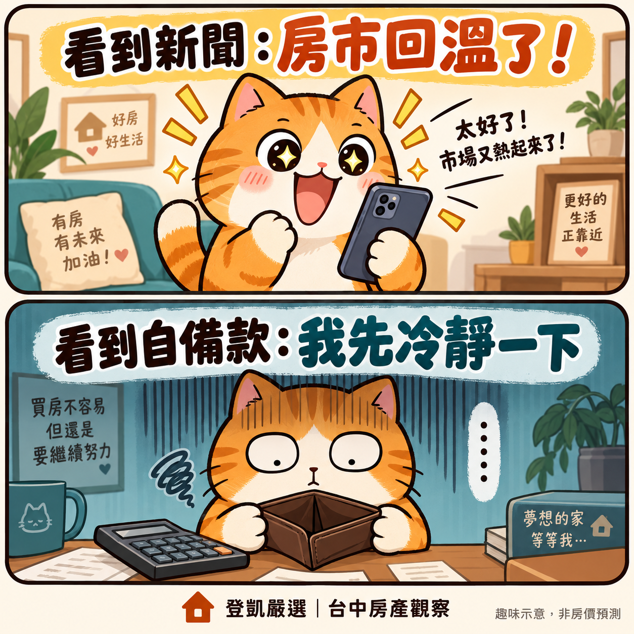房市回溫與自備款的橘貓梗圖